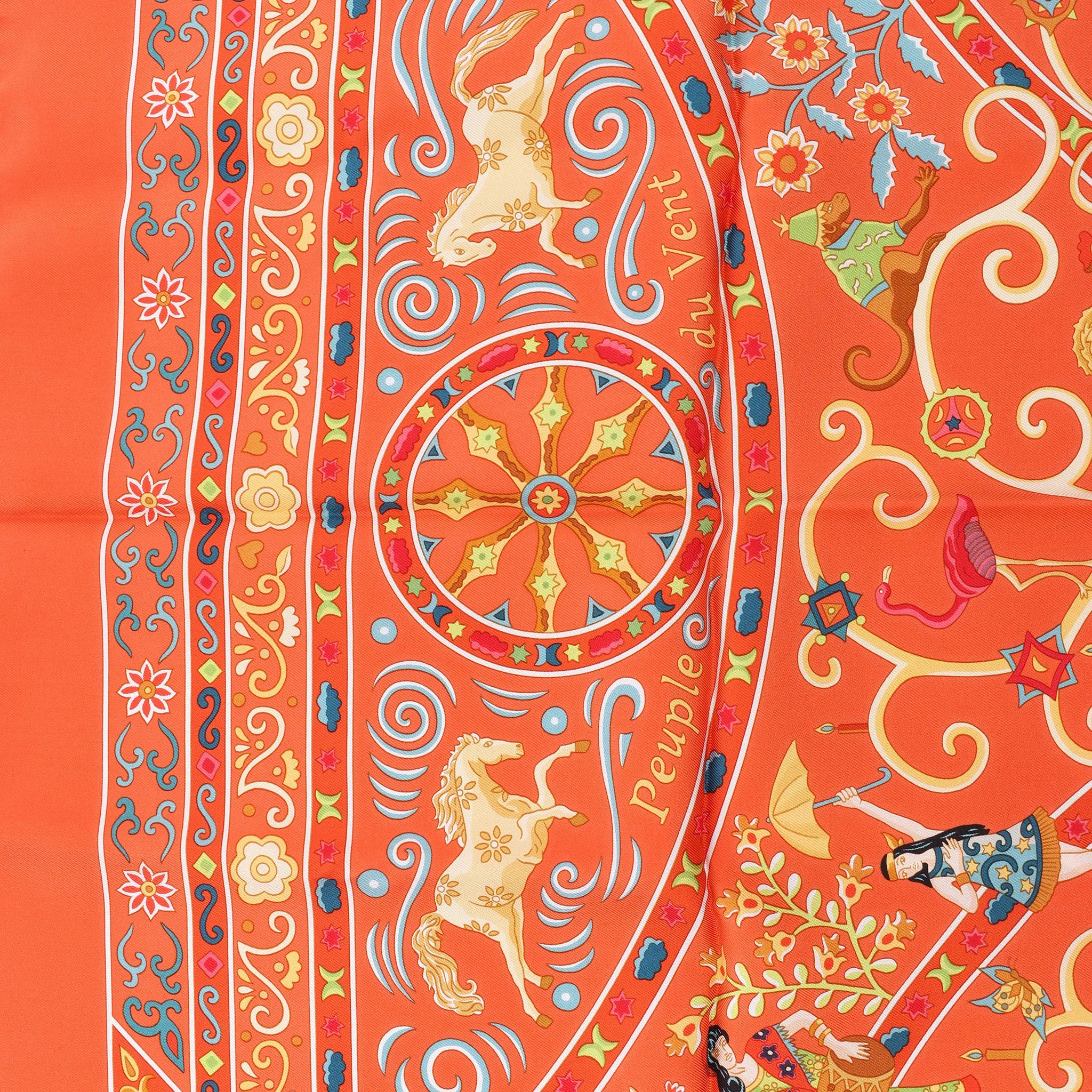 Hermès Carré 90 "Peuple du Vent" Silk handkerchief in Orange