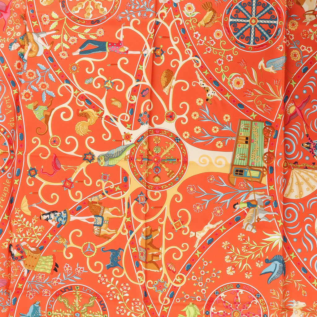 Hermès Carré 90 "Peuple du Vent" Silk handkerchief in Orange