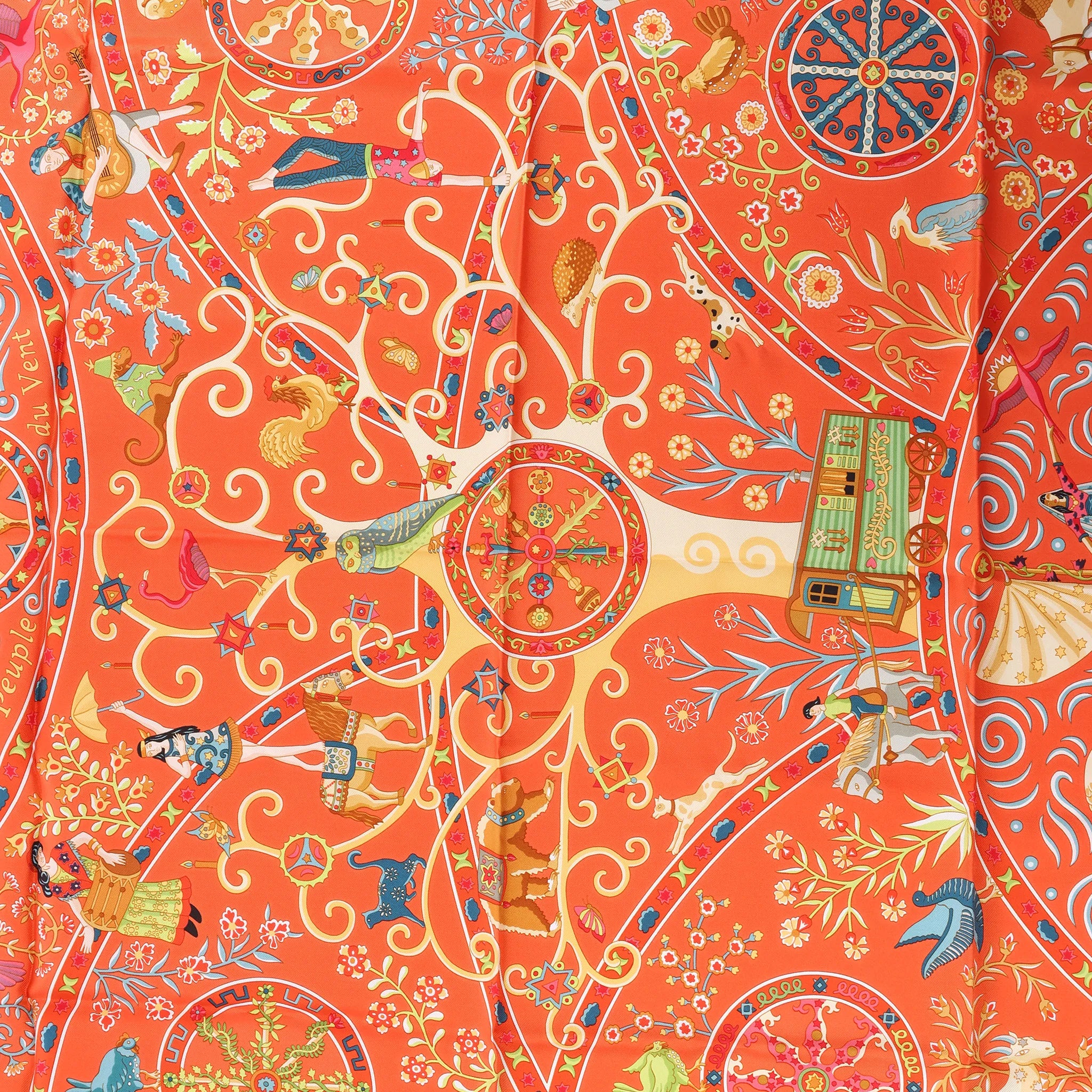 Hermès Carré 90 "Peuple du Vent" Silk handkerchief in Orange