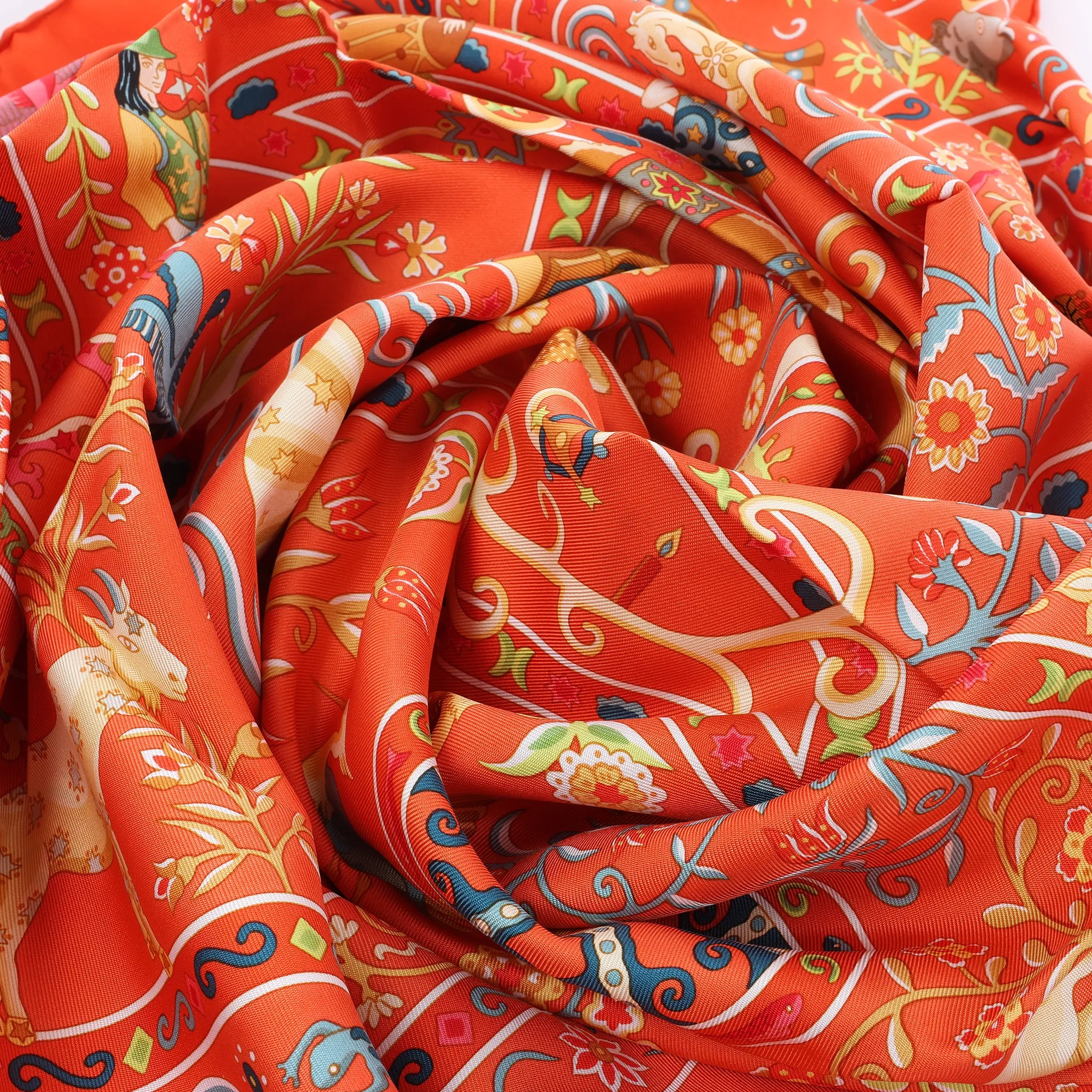Hermès Carré 90 "Peuple du Vent" Silk handkerchief in Orange