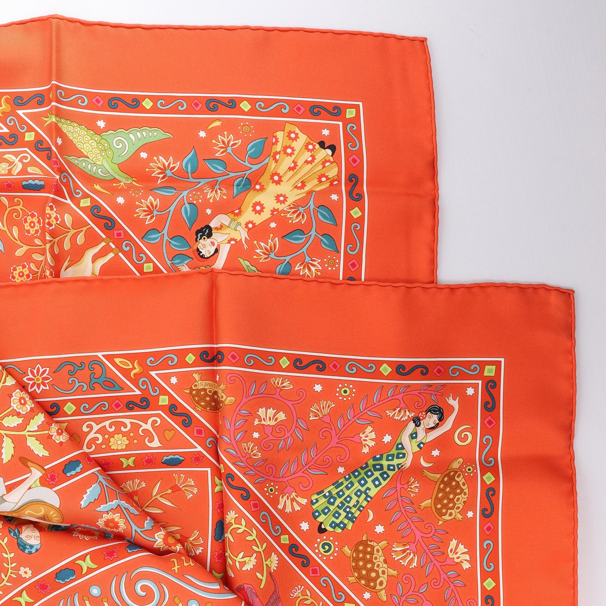 Hermès Carré 90 "Peuple du Vent" Silk handkerchief in Orange
