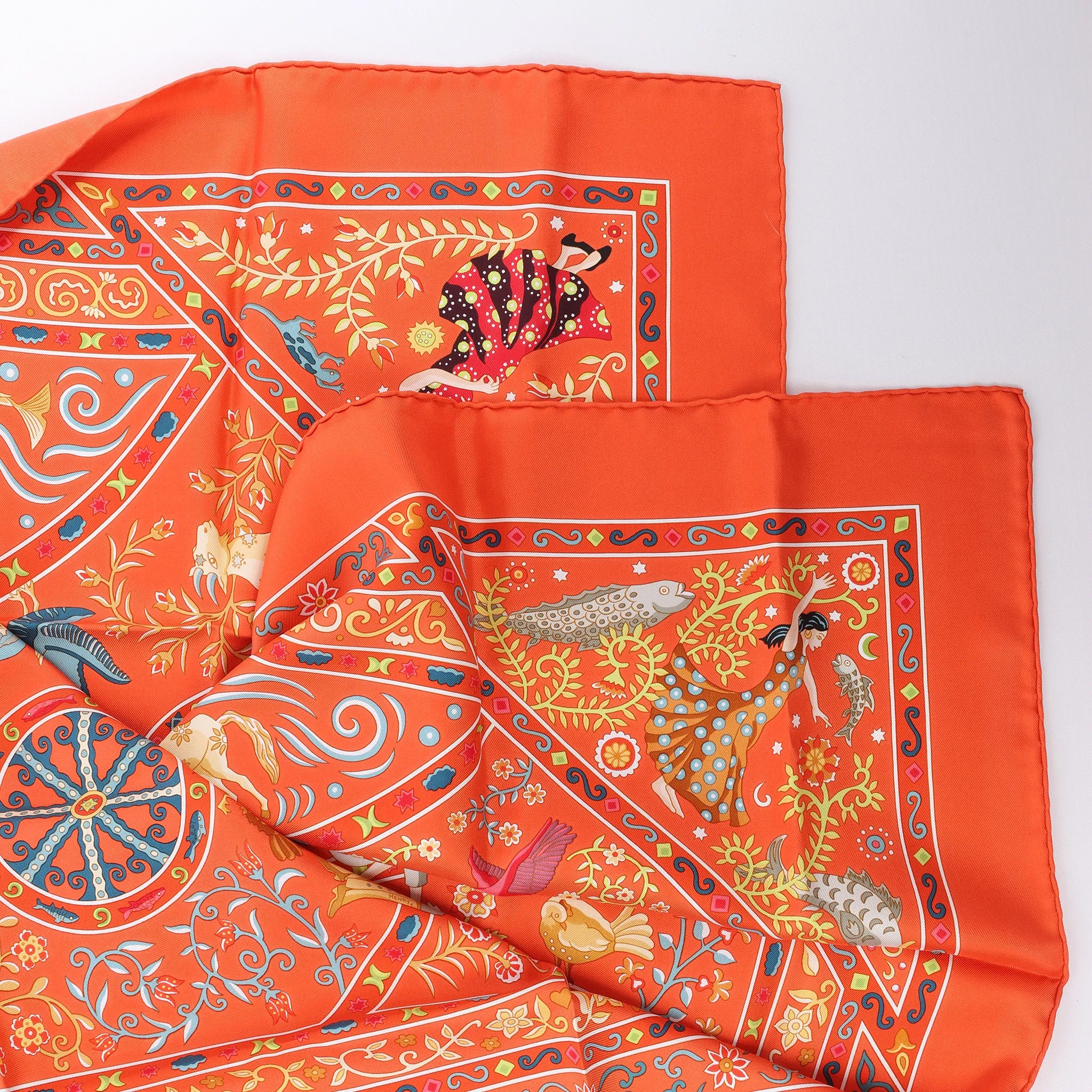 Hermès Carré 90 "Peuple du Vent" Silk handkerchief in Orange