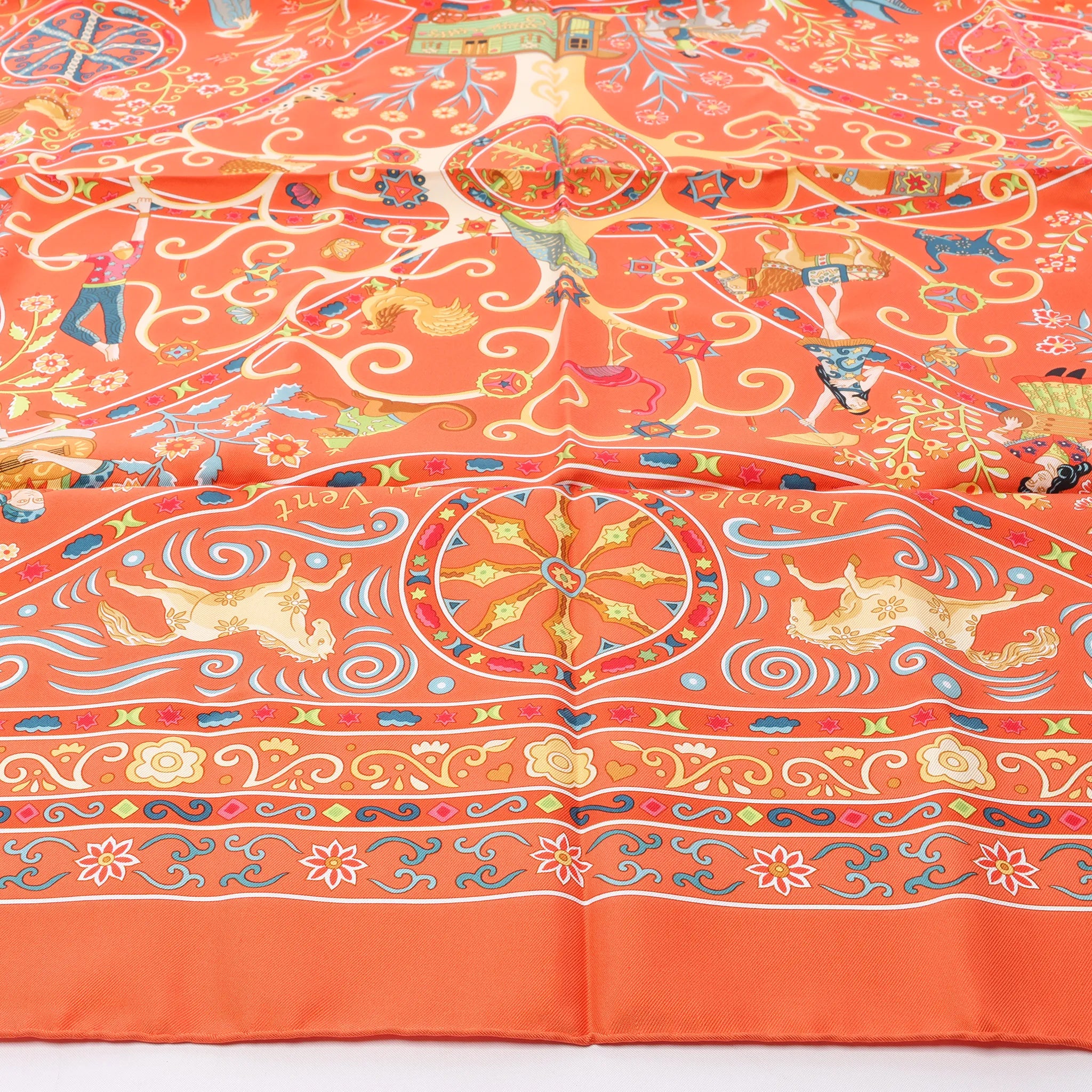 Hermès Carré 90 "Peuple du Vent" Silk handkerchief in Orange