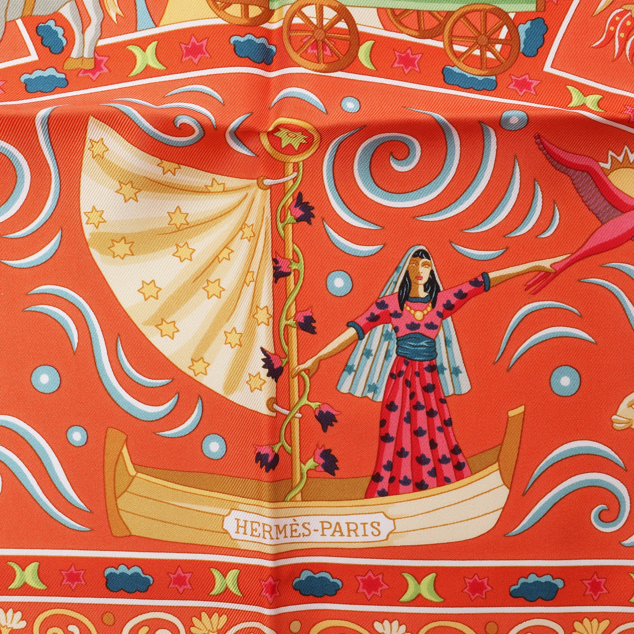 Hermès Carré 90 "Peuple du Vent" Silk handkerchief in Orange
