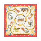 Hermès Carré 90 red silk scarf with gold ornate frame, equestrian carriage illustrations, and blue tassel motifs on a cream background.