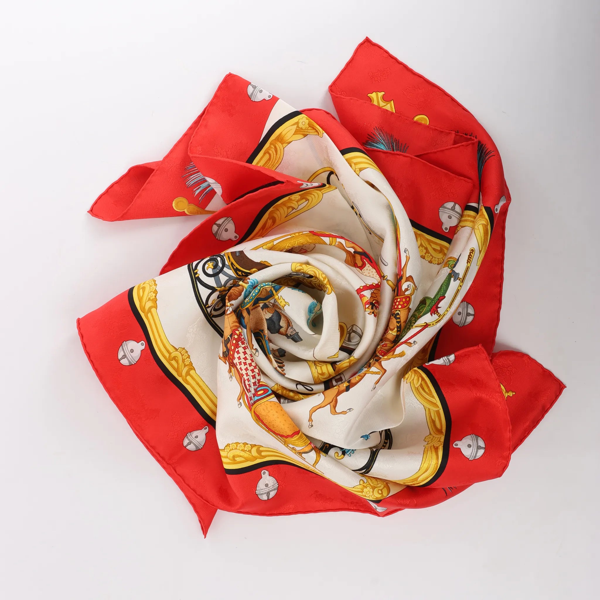 Hermès Carré 90 "Plumes et Grelots" Silk handkerchief in Red