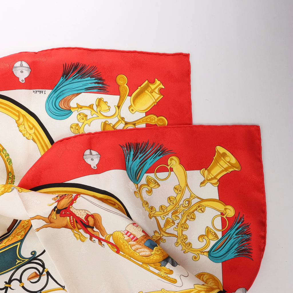 Hermès Carré 90 "Plumes et Grelots" Silk handkerchief in Red