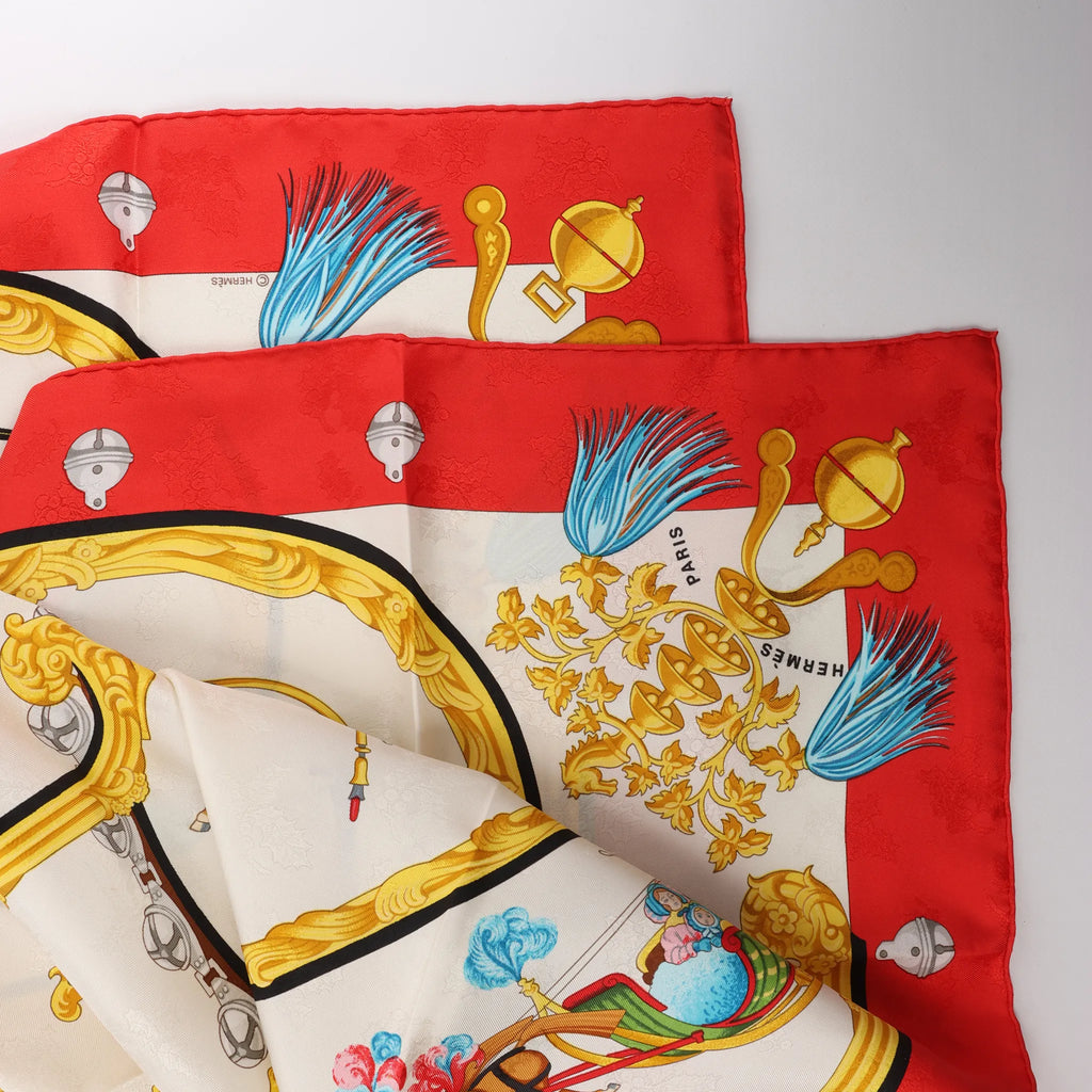 Hermès Carré 90 "Plumes et Grelots" Silk handkerchief in Red