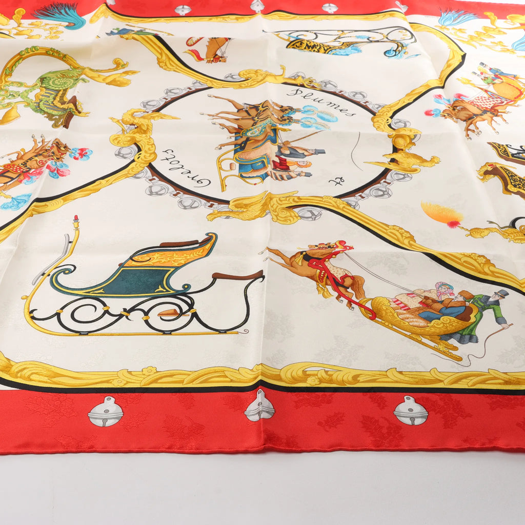 Hermès Carré 90 "Plumes et Grelots" Silk handkerchief in Red
