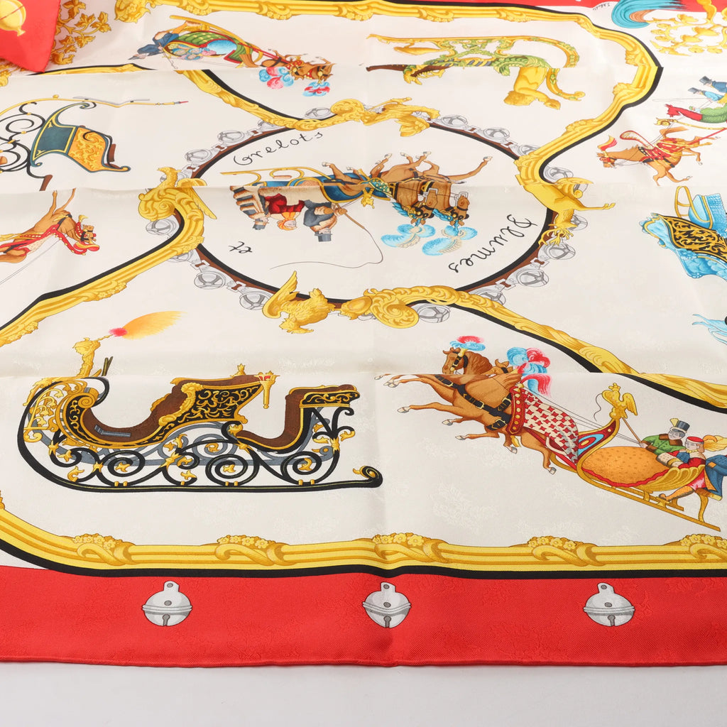 Hermès Carré 90 "Plumes et Grelots" Silk handkerchief in Red