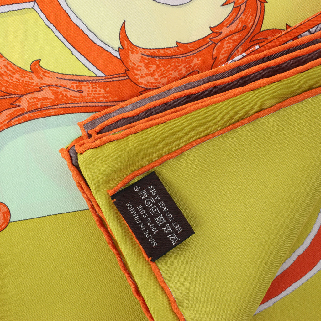 Hermès Carré 90 "Plumets du Roy King's" Silk handkerchief in Orange x Yellow