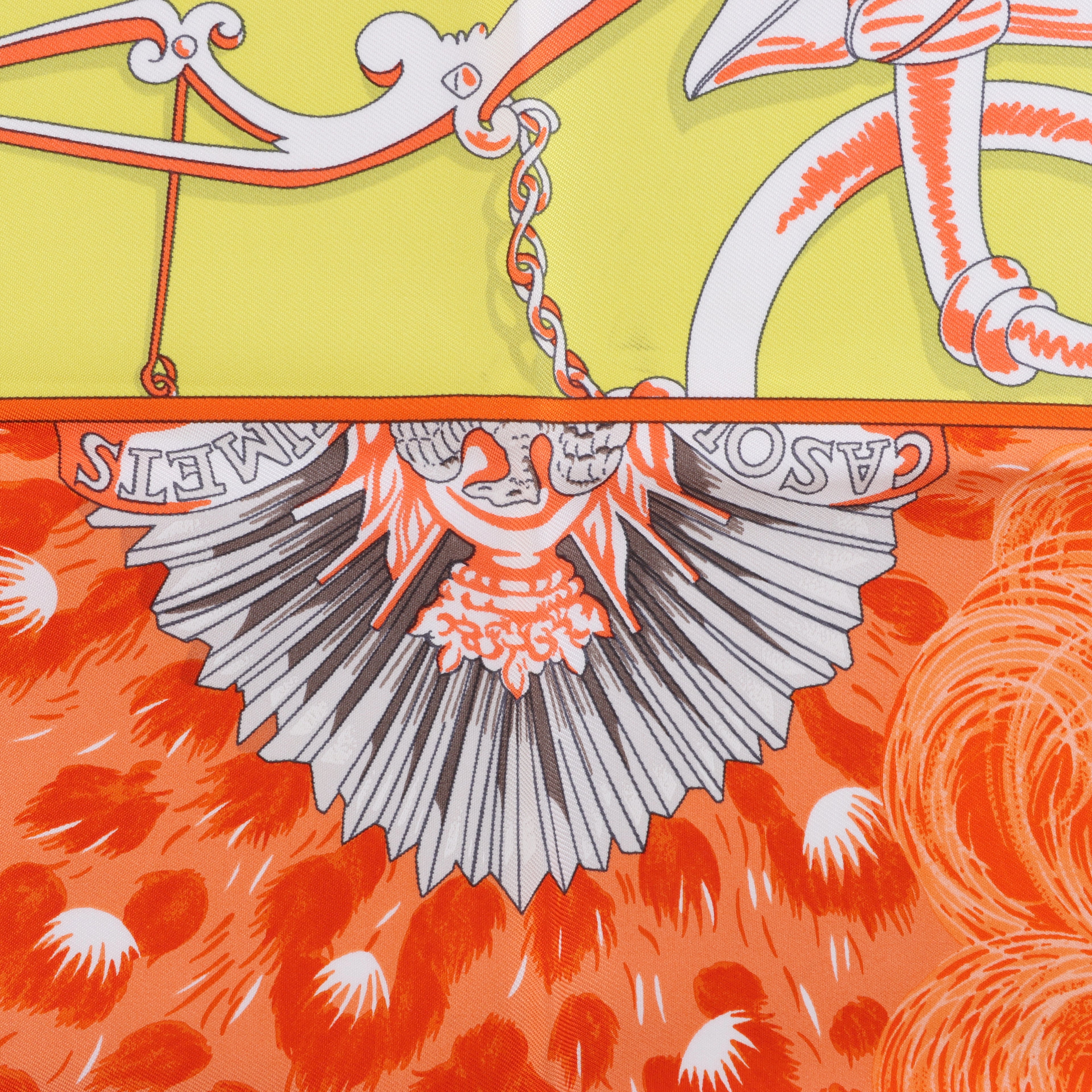 Hermès Carré 90 "Plumets du Roy King's" Silk handkerchief in Orange x Yellow