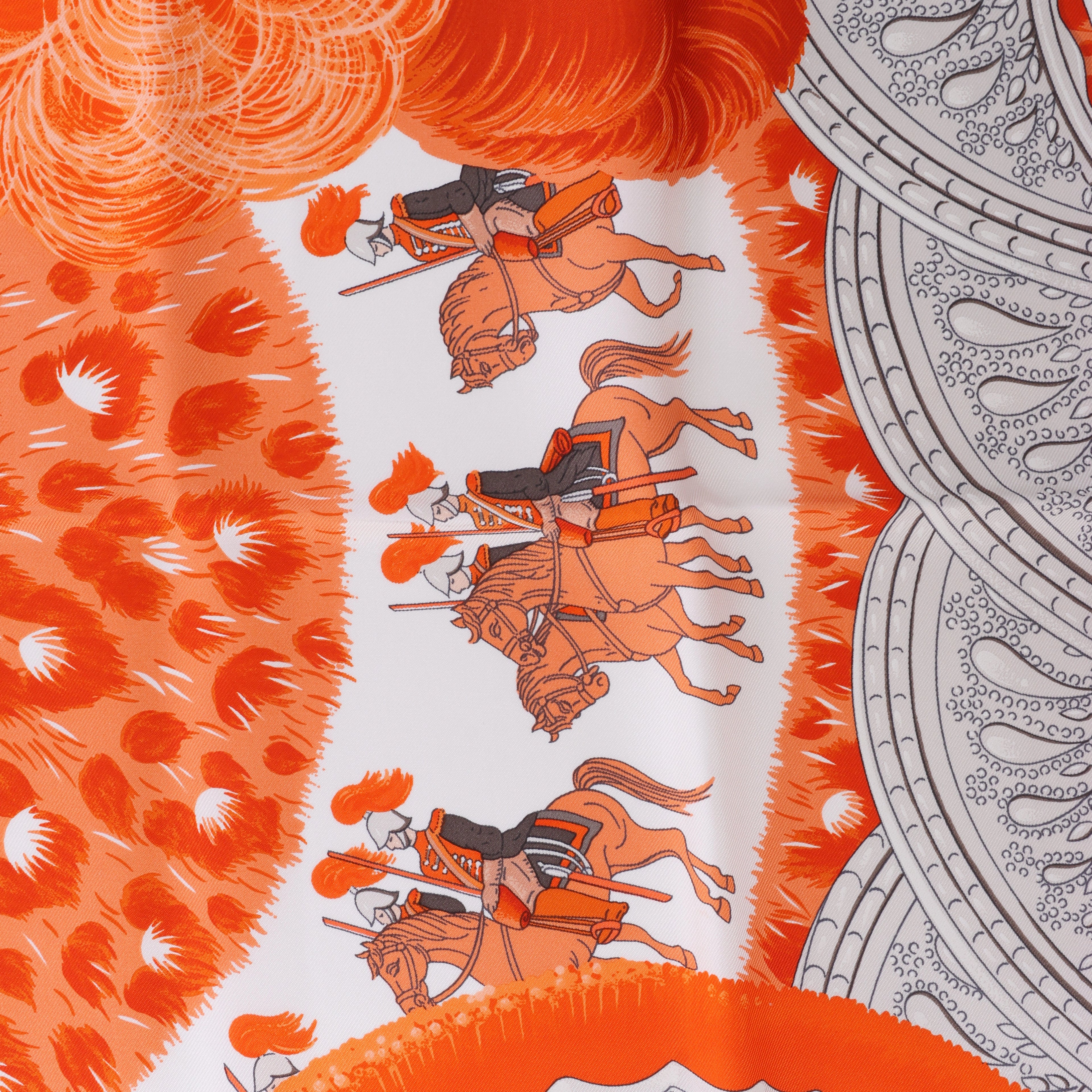 Hermès Carré 90 "Plumets du Roy King's" Silk handkerchief in Orange x Yellow