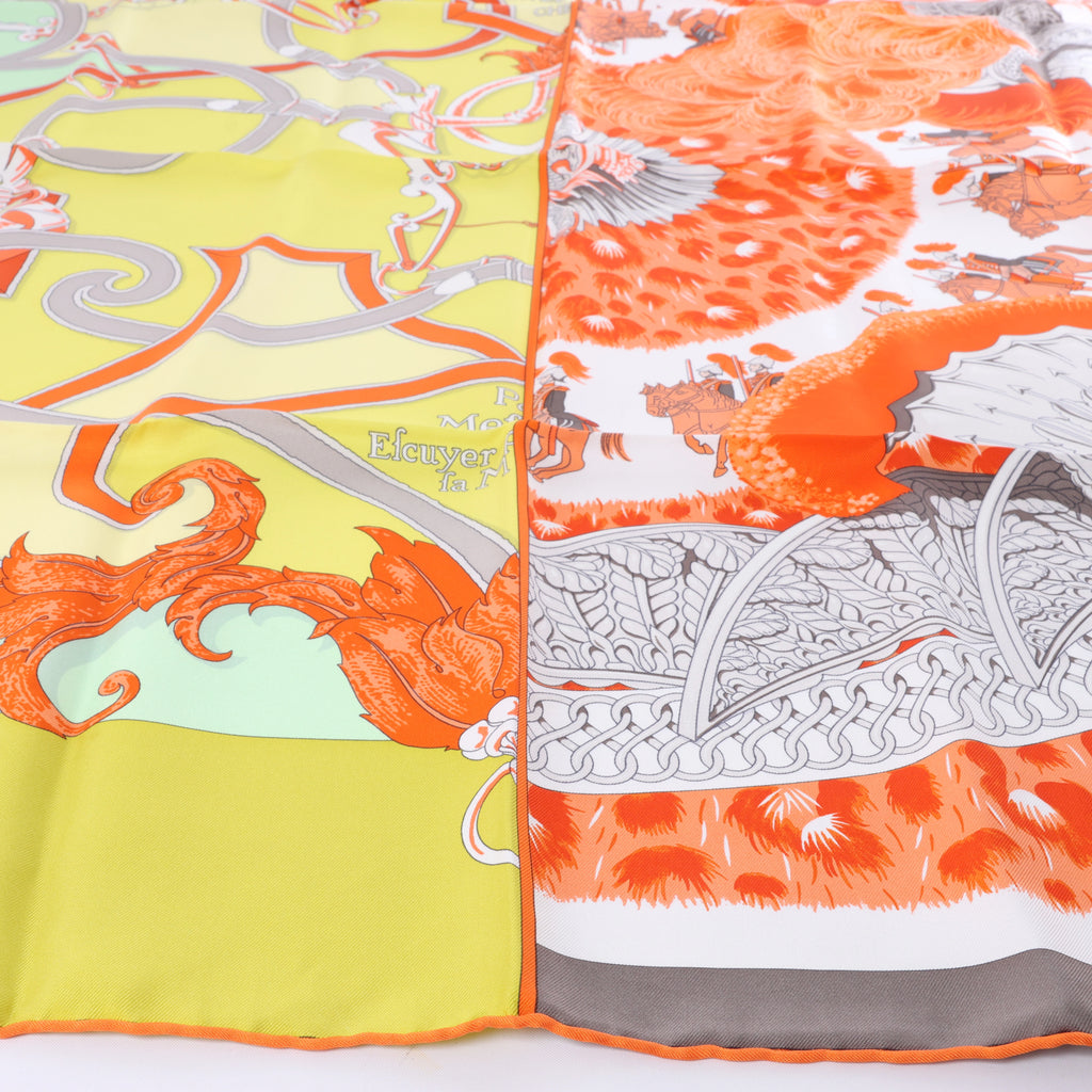 Hermès Carré 90 "Plumets du Roy King's" Silk handkerchief in Orange x Yellow