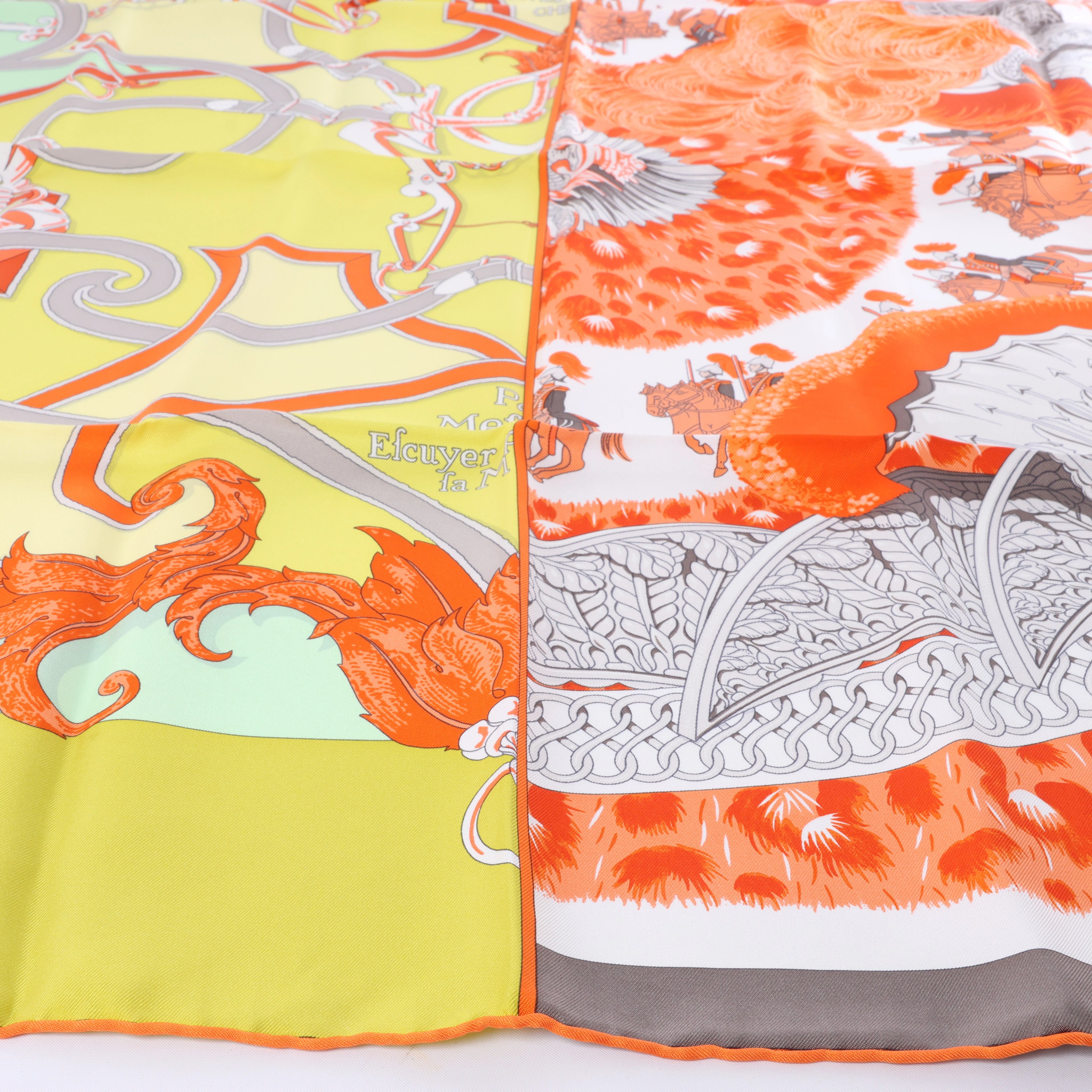 Hermès Carré 90 "Plumets du Roy King's" Silk handkerchief in Orange x Yellow