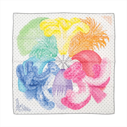 Hermès Carré 90 "Plumets et Panaches" silk scarf featuring multicolored feather plumes in a circular arrangement on a white polka-dot background.