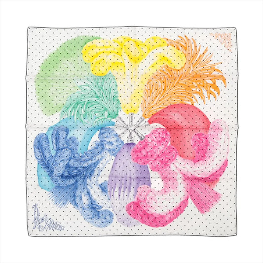 Hermès Carré 90 "Plumets et Panaches" silk scarf featuring multicolored feather plumes in a circular arrangement on a white polka-dot background.