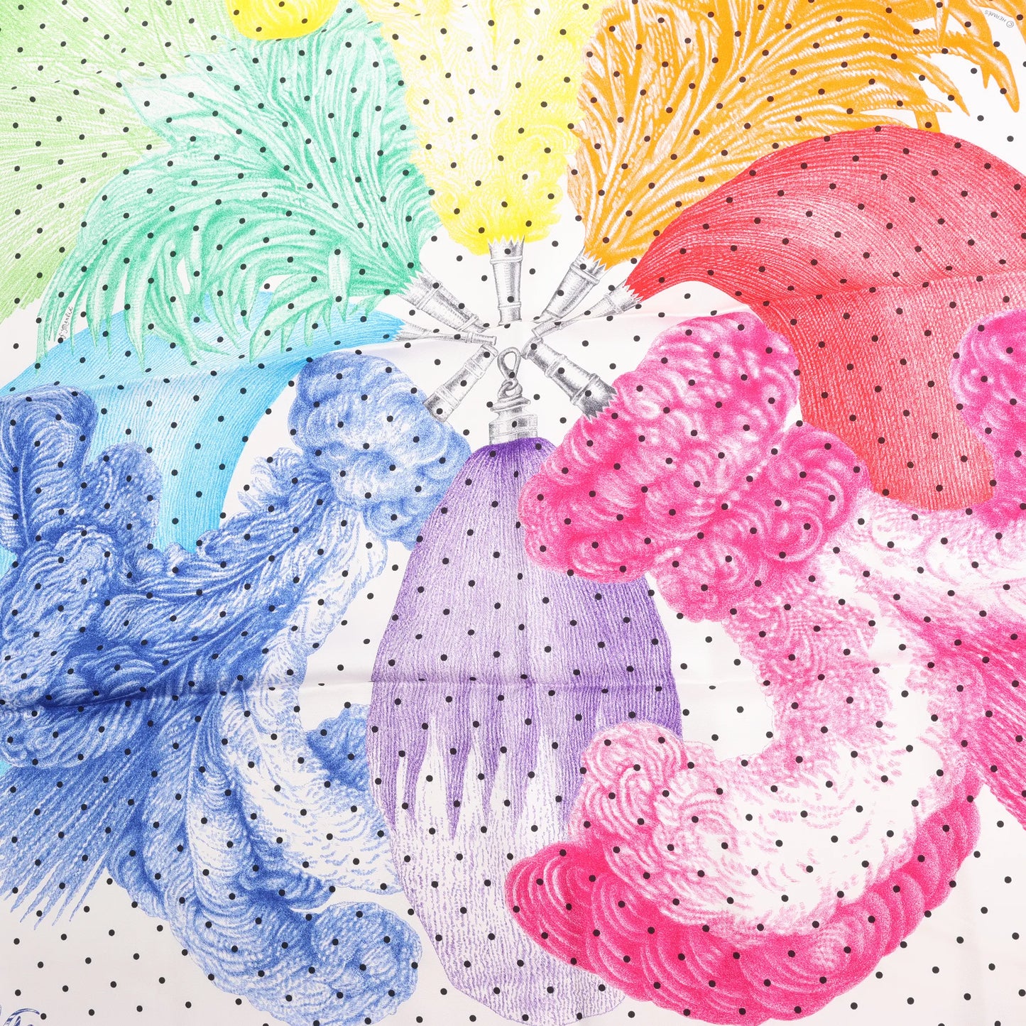 Hermès Carré 90 "Plumets et Panaches" Silk handkerchief in White x Multicolor