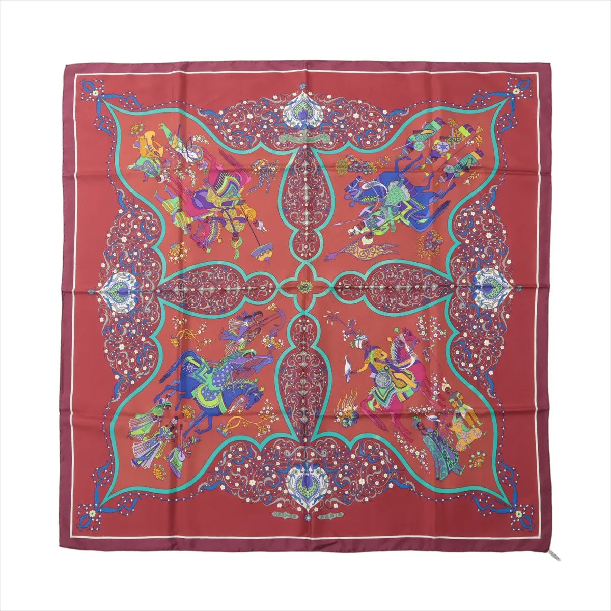 Burgundy Hermès Carré 90 silk scarf with multicolor equestrian figures, turquoise outlines and ornate symmetrical decorative motifs.