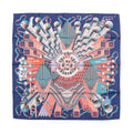 Hermès Carré 90 “D'Orgue” silk scarf in navy blue featuring a colorful organ-inspired design with keyboard, pipes, and geometric abstract patterns in red, coral, turquoise, and white.