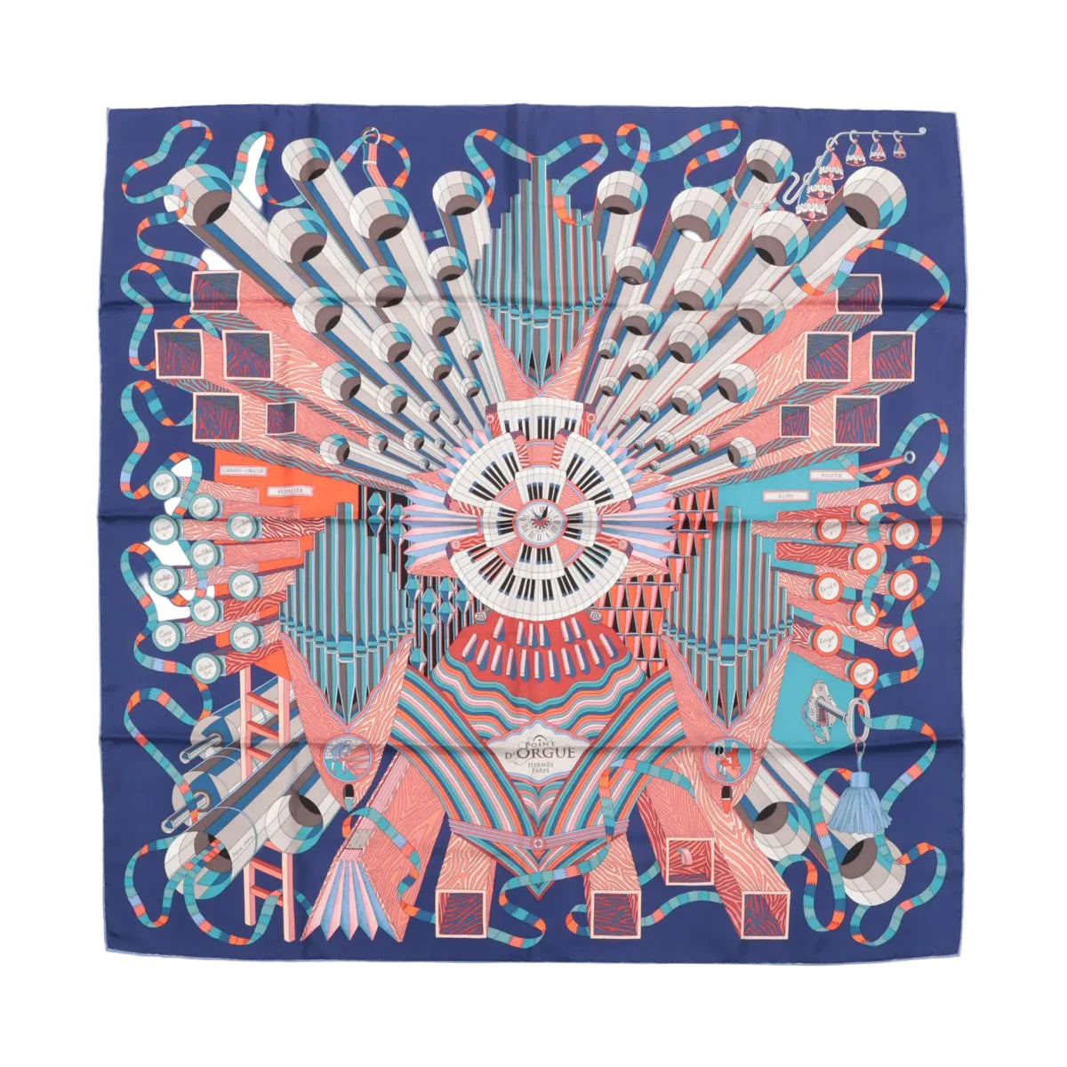 Hermès Carré 90 “D'Orgue” silk scarf in navy blue featuring a colorful organ-inspired design with keyboard, pipes, and geometric abstract patterns in red, coral, turquoise, and white.