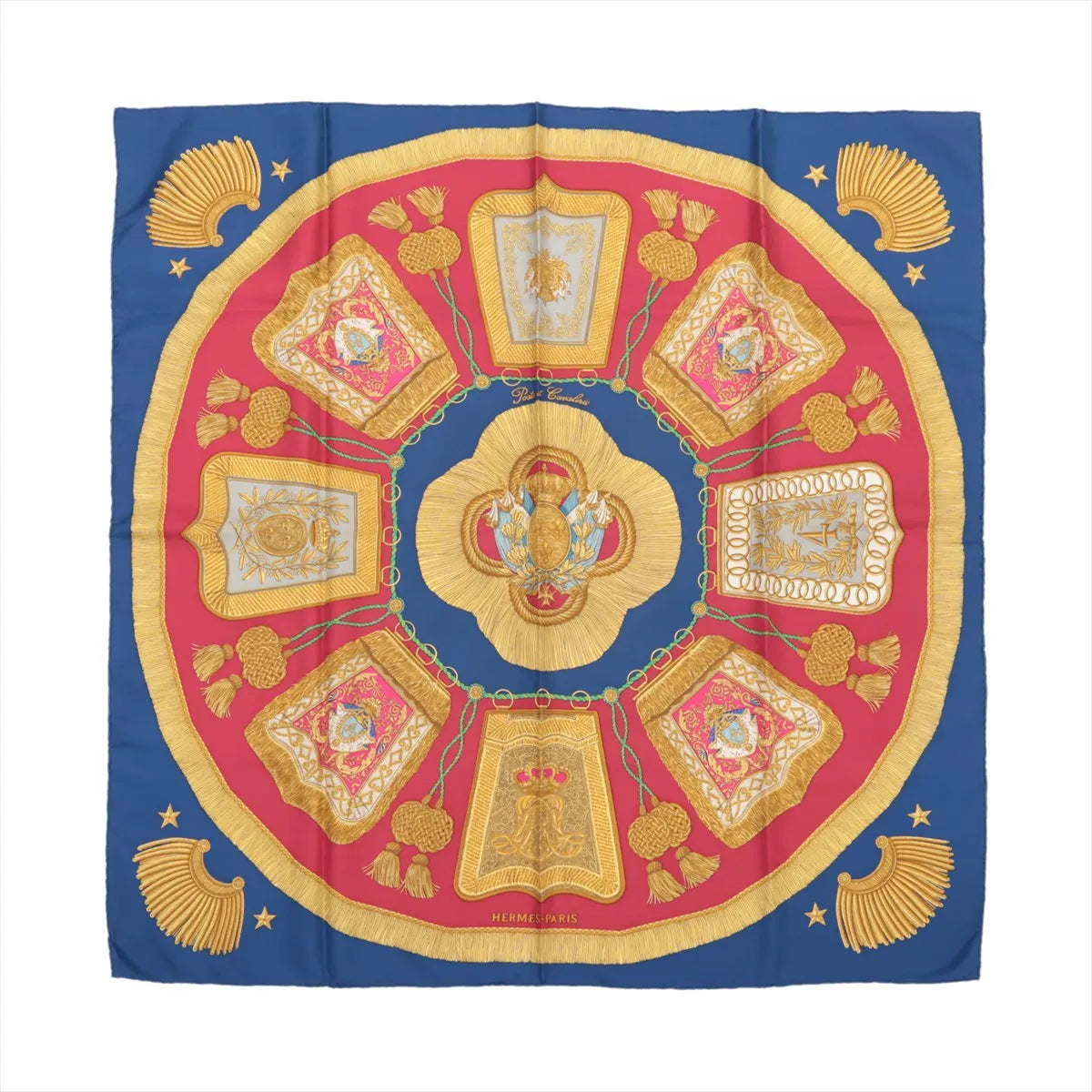 Hermès Carré 90 "Poste et Cavalerie Saber" silk scarf in red with blue border, featuring intricate golden equestrian-inspired motifs and tassel designs.