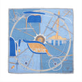 Hermès Carré 90 blue silk scarf with carriage blueprint illustration, large wheel design, and technical drawing details, laid flat