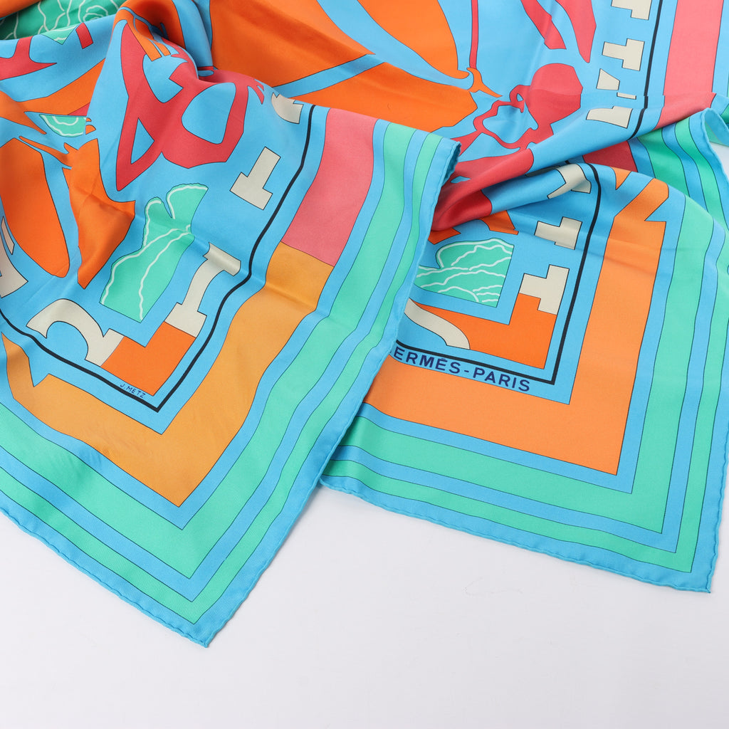 Hermès Carré 90 "Puzzle" 100% Silk Scarf in Blue