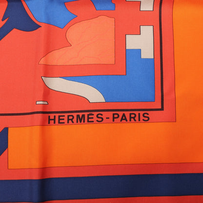 Hermès Carré 90 "Puzzle" 100% Silk Scarf in Orange