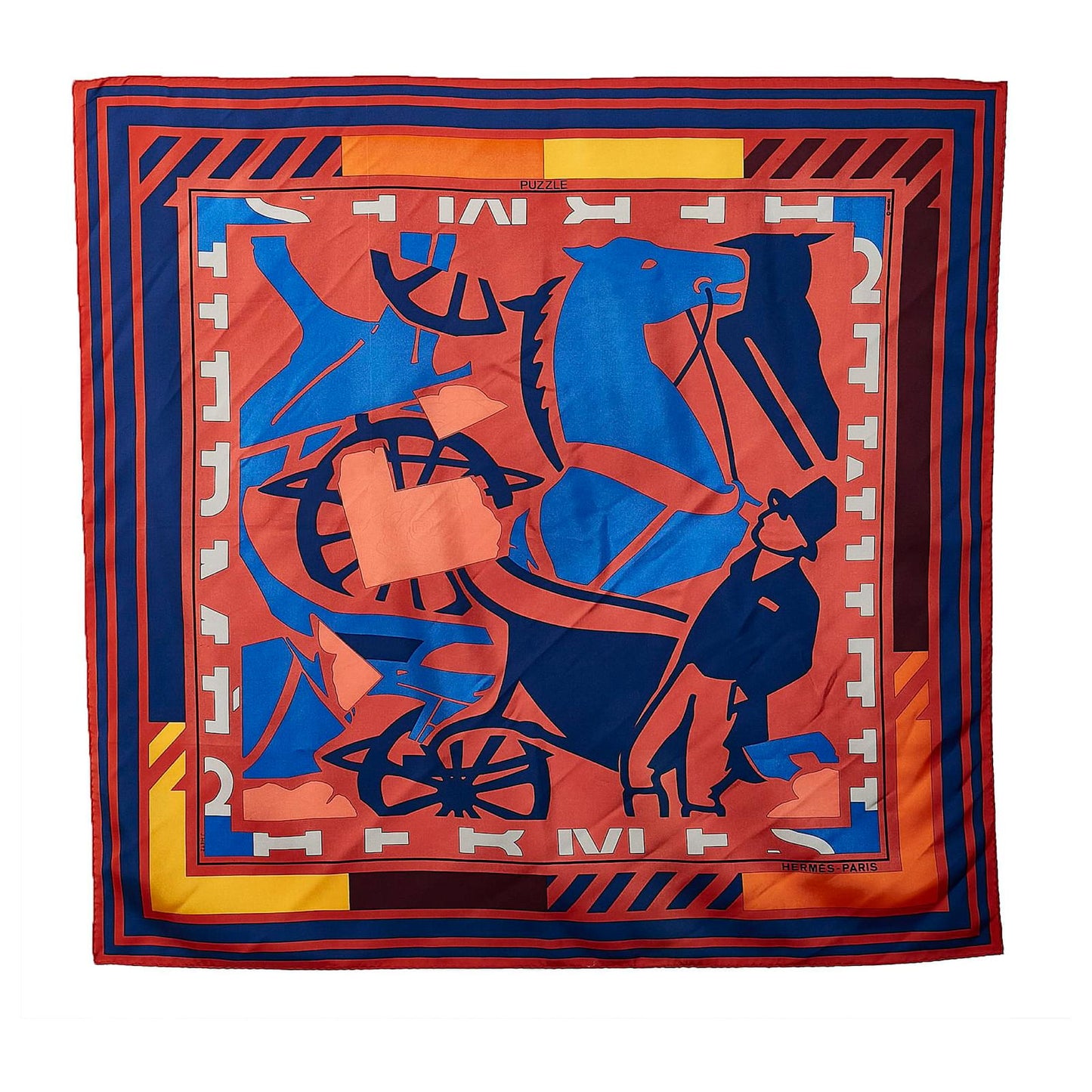 Hermès Carré 90 "Puzzle" 100% Silk Scarf in Orange