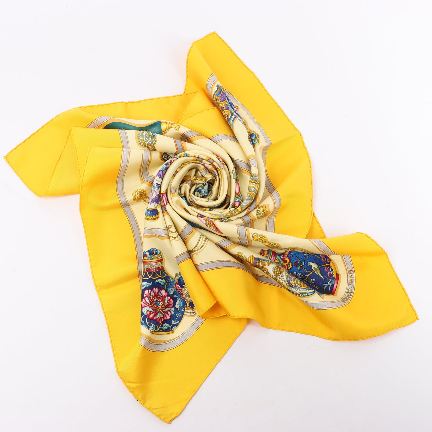 Hermès Carré 90 "Qu'importe le flacon" 100% Silk Scarf in Yellow
