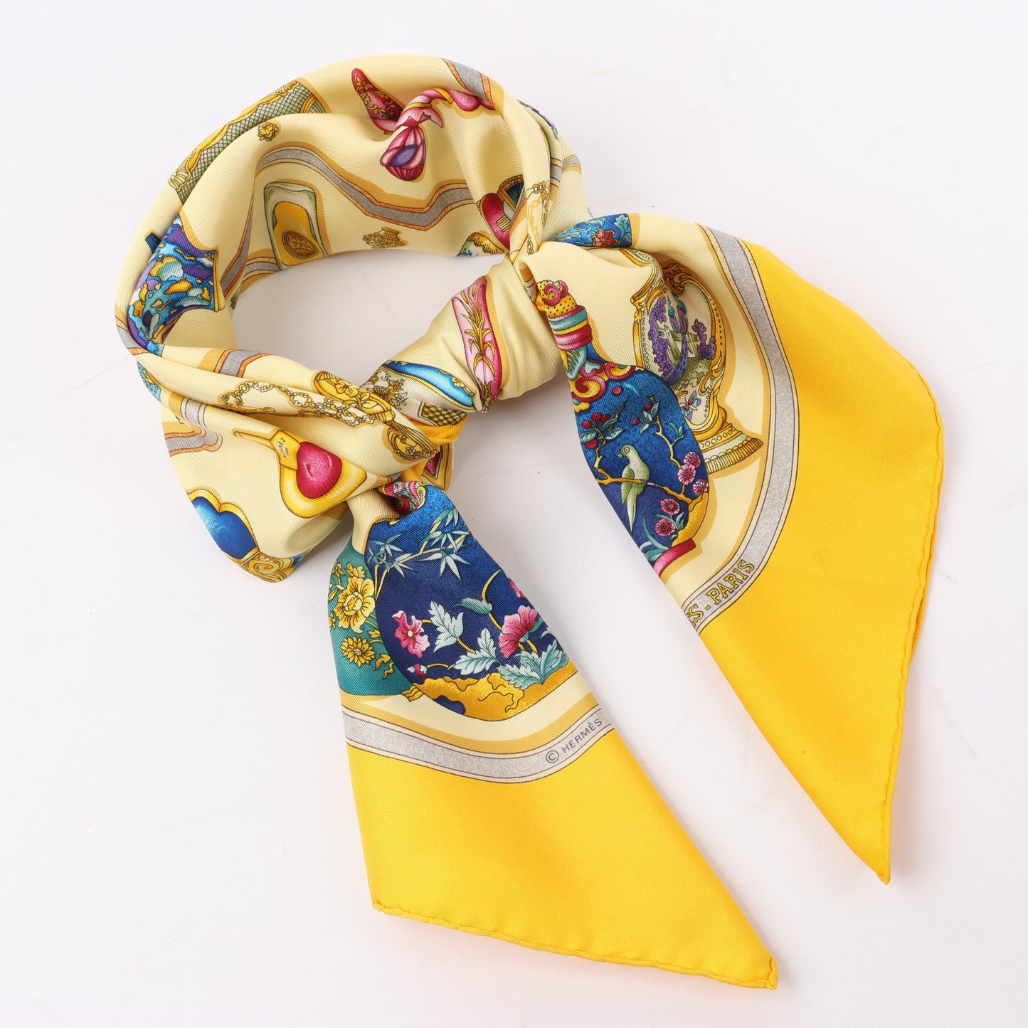 Hermès Carré 90 "Qu'importe le flacon" 100% Silk Scarf in Yellow