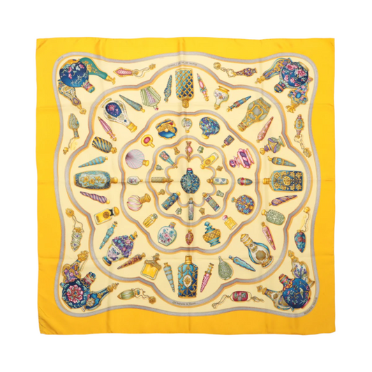 Hermès Carré 90 "Qu'importe le flacon" 100% Silk Scarf in Yellow