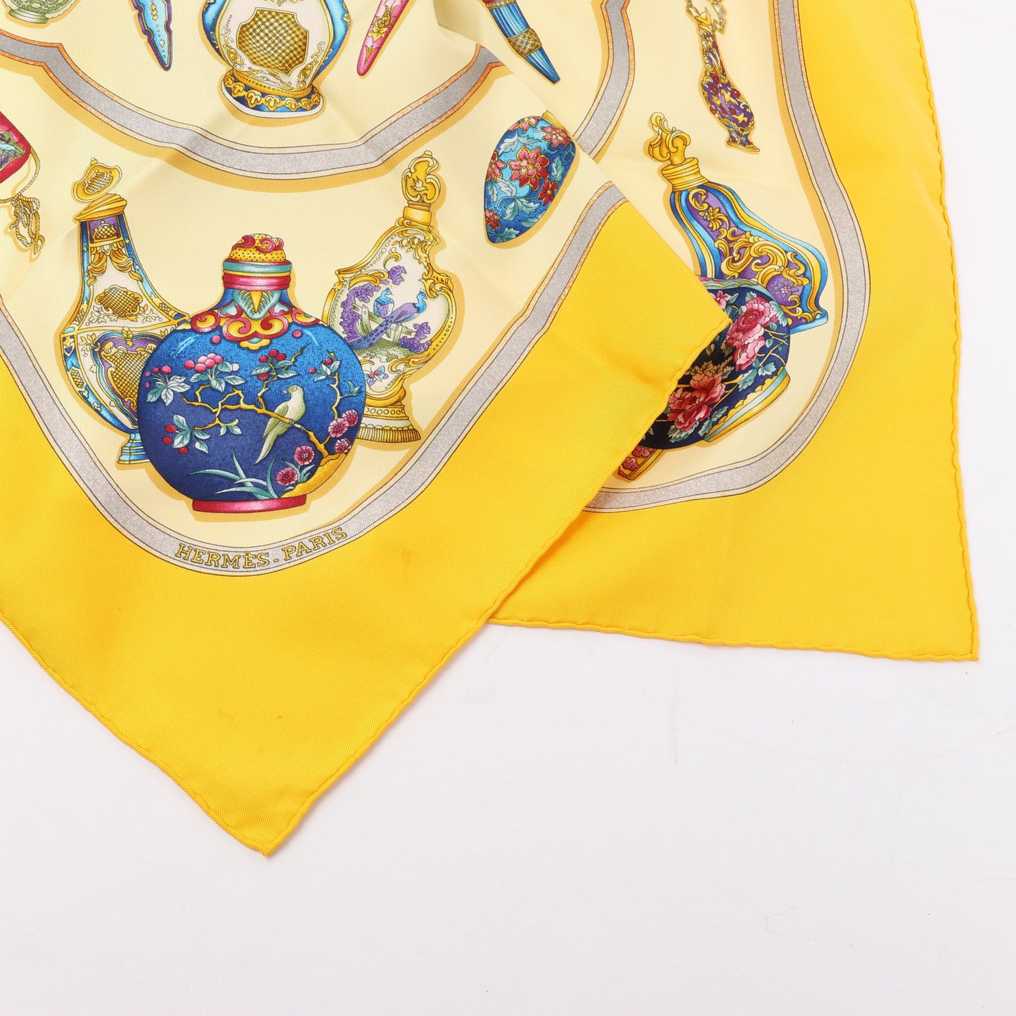 Hermès Carré 90 "Qu'importe le flacon" 100% Silk Scarf in Yellow