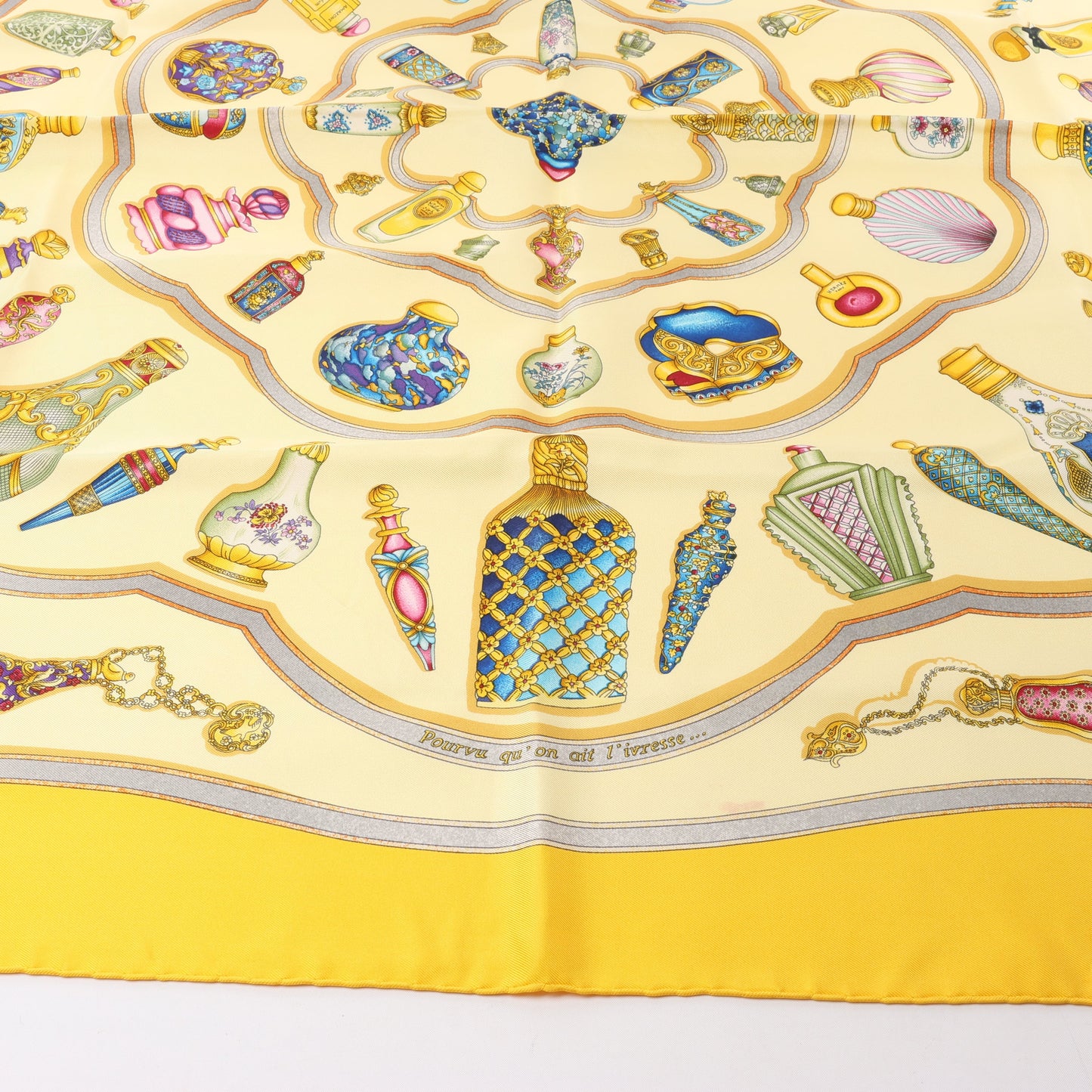 Hermès Carré 90 "Qu'importe le flacon" 100% Silk Scarf in Yellow
