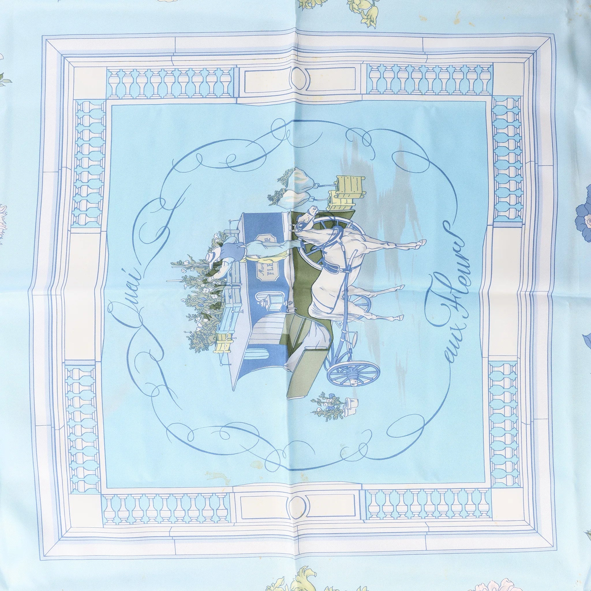 Hermès Carré 90 "Quai aux Fleurs" Silk handkerchief in Light Blue