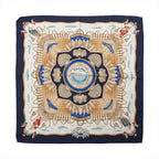 Hermès Carré 90 "RAILING" silk handkerchief in navy blue, featuring a symmetrical maritime-inspired print with ropes, shells, ships, and a central “Hermès-Paris” emblem, displayed flat against a white background.