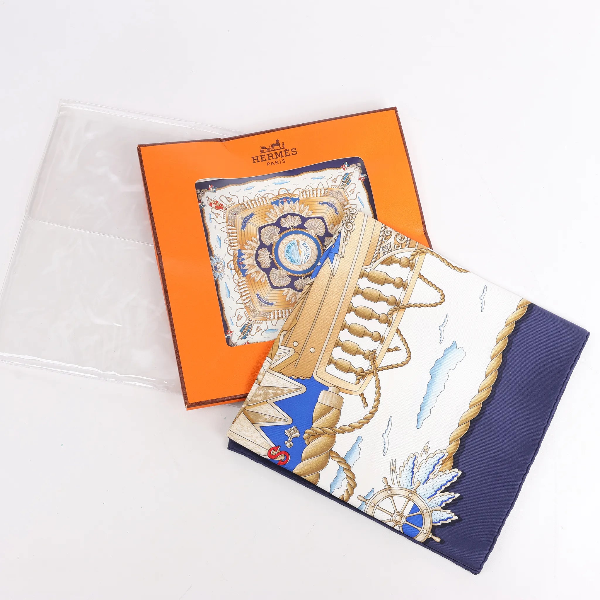 Hermès Carré 90 "RAILING" Silk handkerchief in Navy Blue