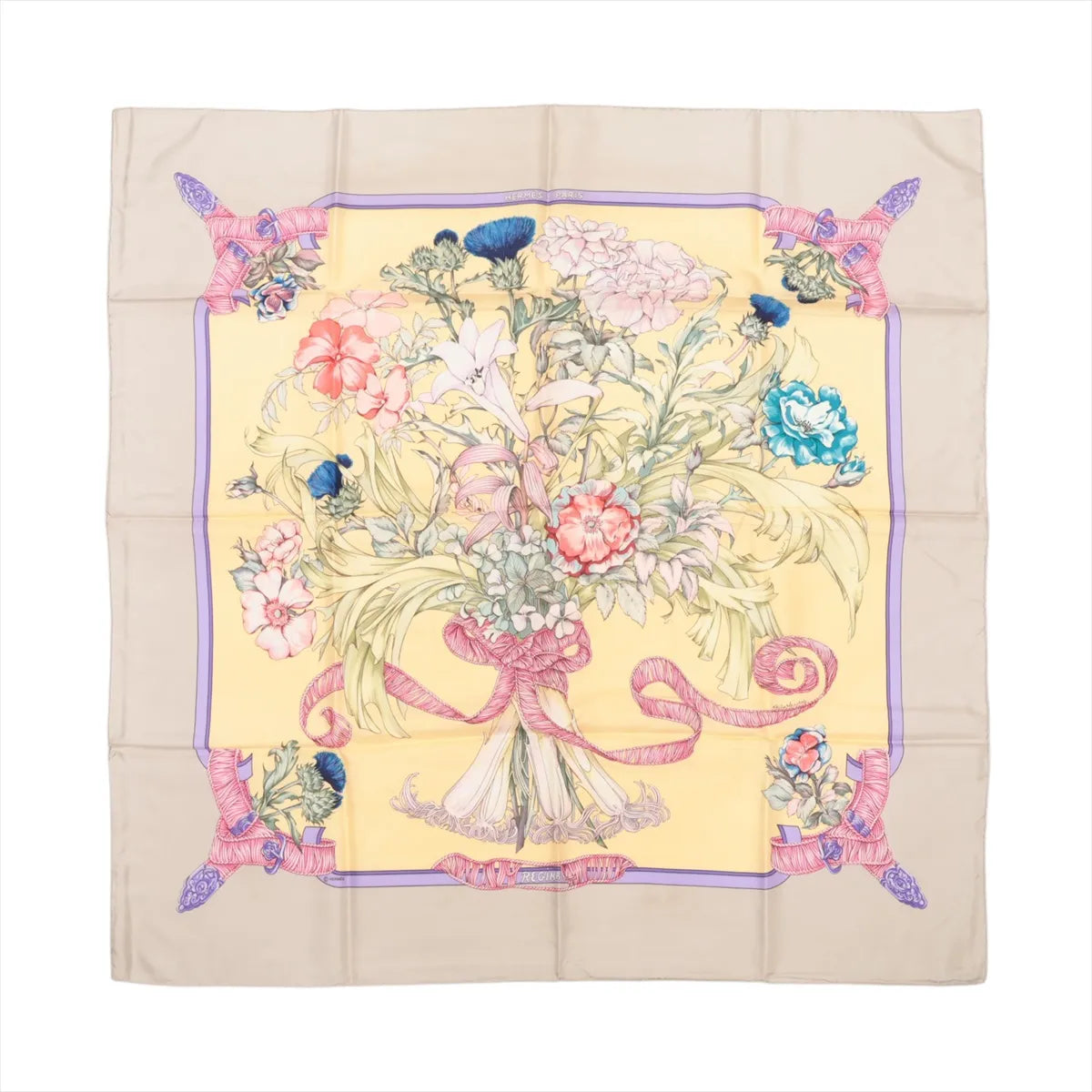 Hermès Carré 90 "REGINA" silk scarf in beige featuring a central floral bouquet with multicolored flowers tied in a pink ribbon, set against a soft yellow background with a lavender border and decorative ribbon accents at the corners.