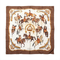 Hermès Carré 90 brown and ivory silk scarf with mounted riders, horses, ornate bridles and gold equestrian hardware.