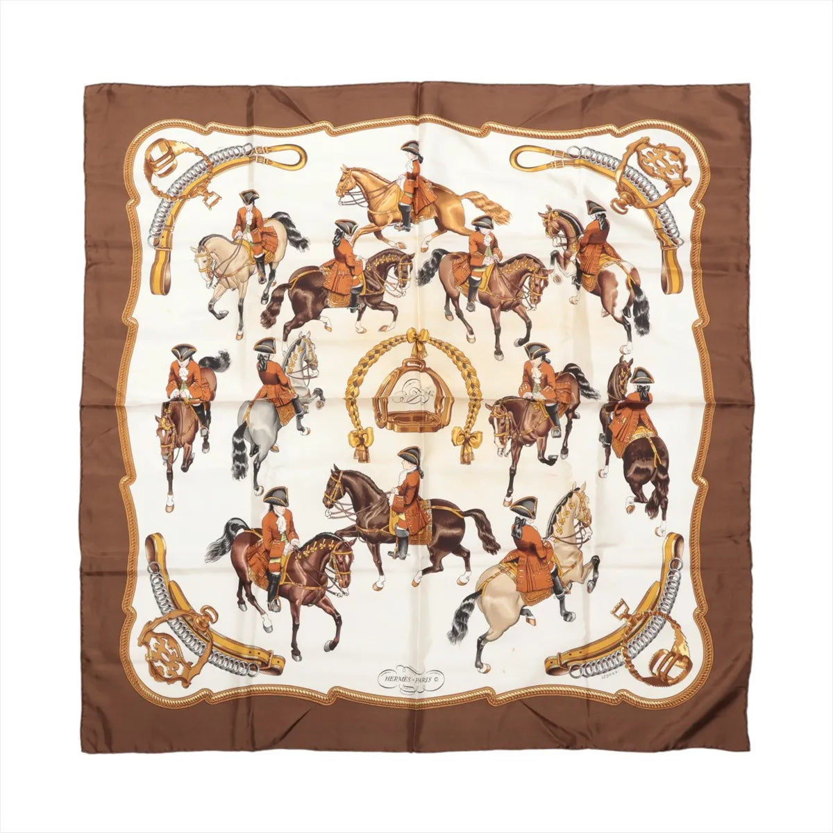 Hermès Carré 90 brown and ivory silk scarf with mounted riders, horses, ornate bridles and gold equestrian hardware.