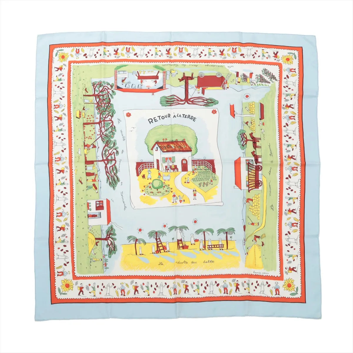 Hermès Carré 90 "Retour à la Terre" silk scarf in light blue, featuring hand-drawn countryside scenes including a farmhouse, gardens, date harvest, and farming equipment, all bordered by playful rural figures and motifs in red, green, and yellow tones.