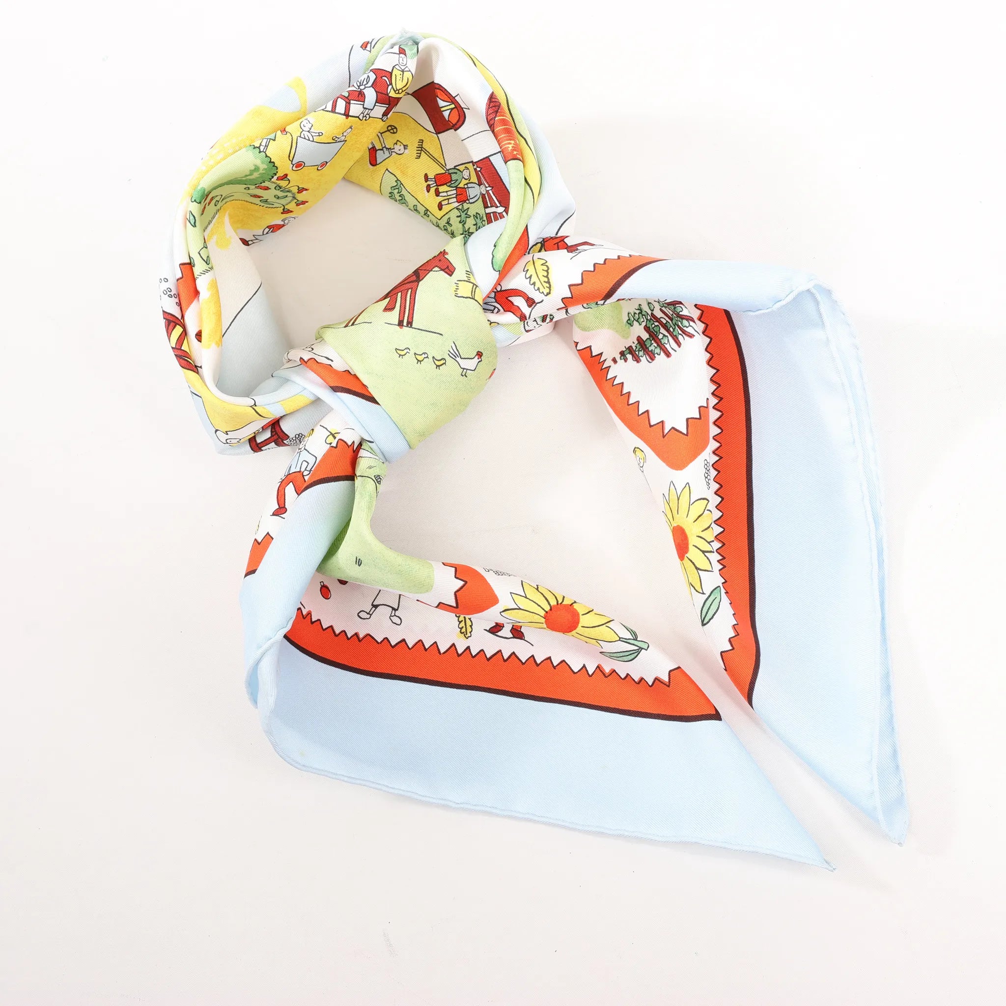Hermès Carré 90 "RETOUR A LA TERRE" Silk handkerchief in Light Blue