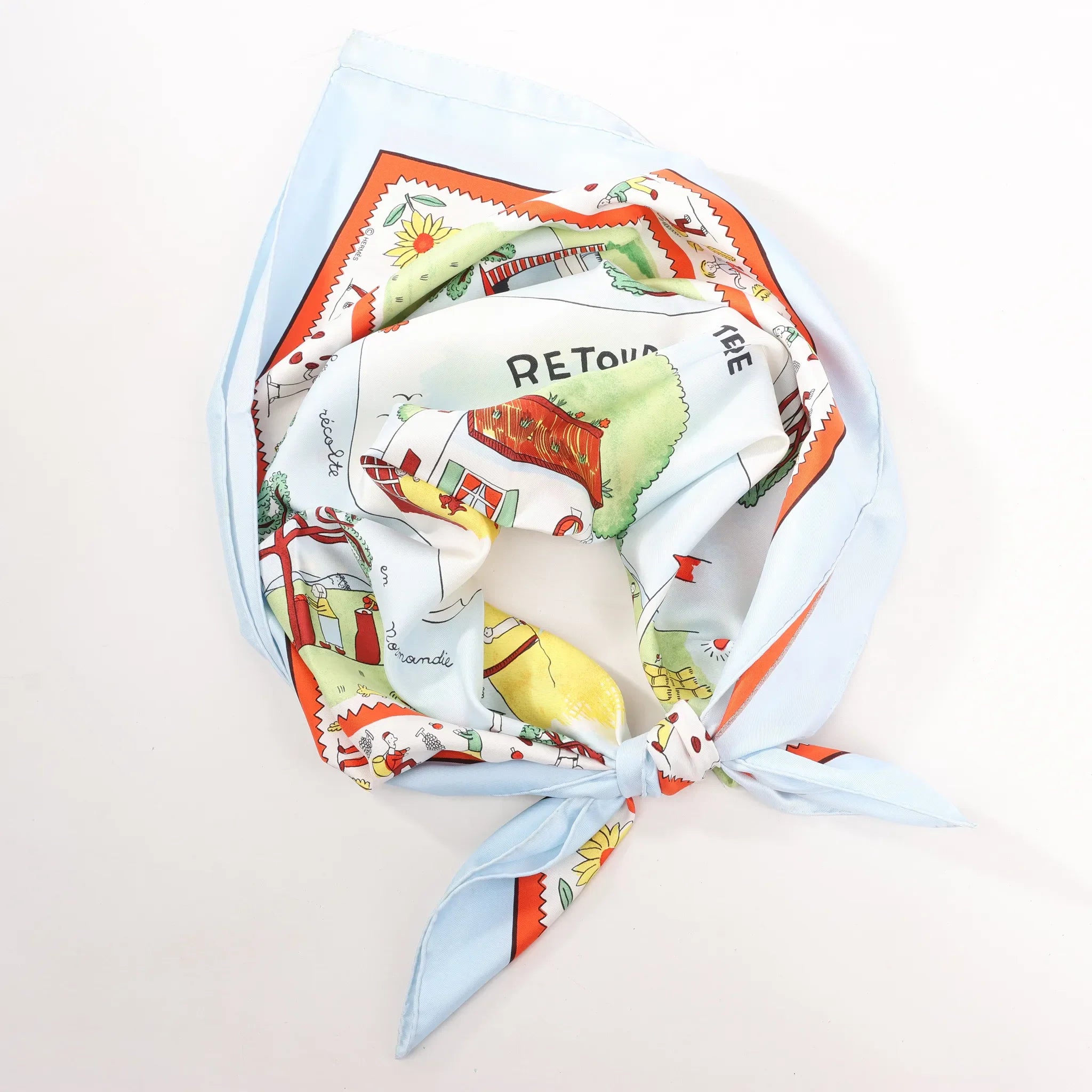 Hermès Carré 90 "RETOUR A LA TERRE" Silk handkerchief in Light Blue