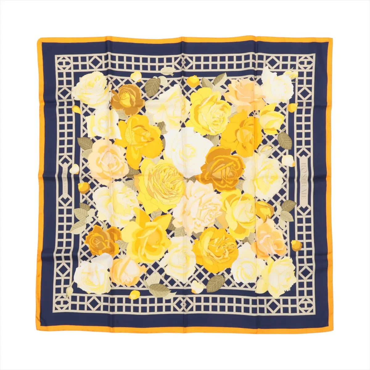 Hermès Carré 90 "ROSERAIE" silk scarf in yellow featuring an intricate lattice design filled with blooming yellow, cream, and orange roses, bordered in navy and orange.
