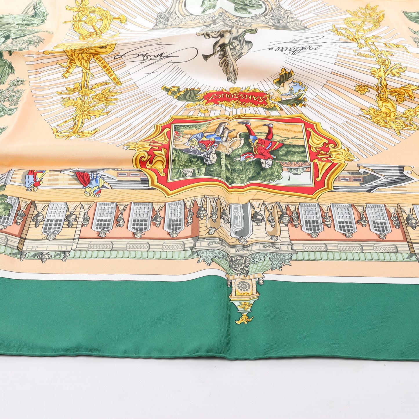 Carré Hermès Carré 90 "SANSSOUCY" 100 % soie vert