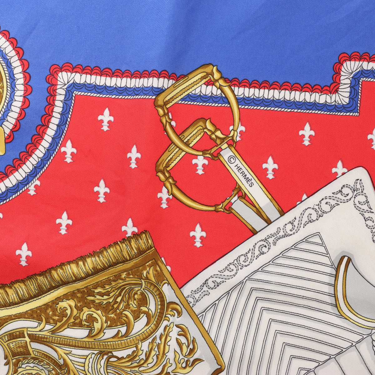 Hermès Carré 90 "SELLES A HOUSSE" Scarf Silk in Blue x Red