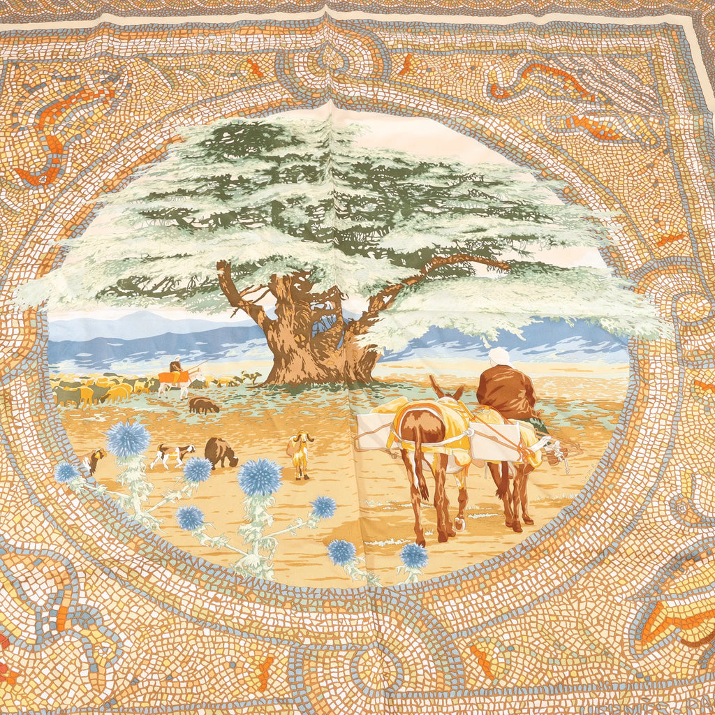 Hermès Carré 90 "SOUS LE CEDRE" Silk handkerchief in Beige