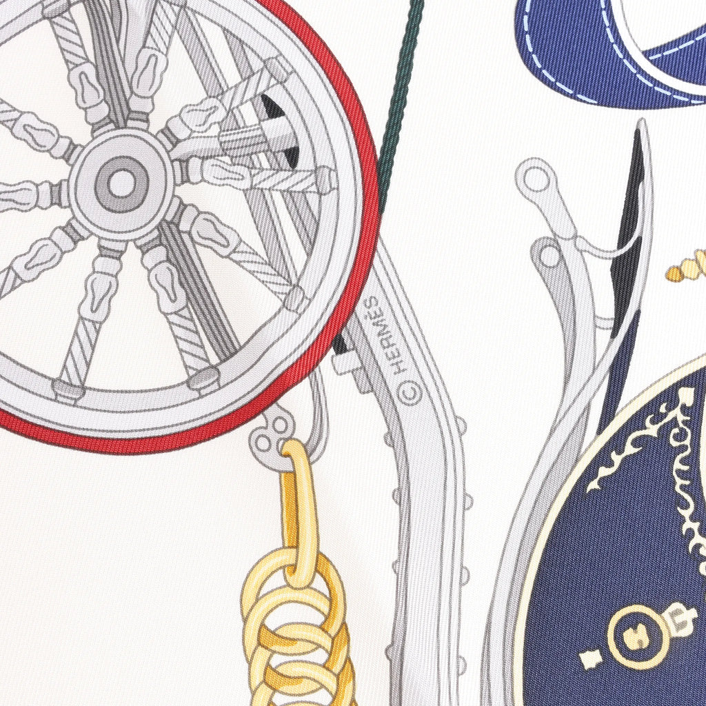 Hermès Carré 90 "STATELY WHEELS" Silk handkerchief in Ecru x Blue