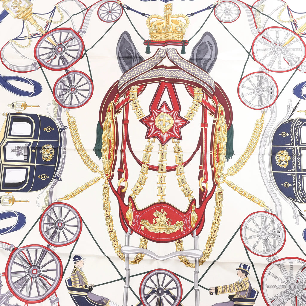 Hermès Carré 90 "STATELY WHEELS" Silk handkerchief in Ecru x Blue